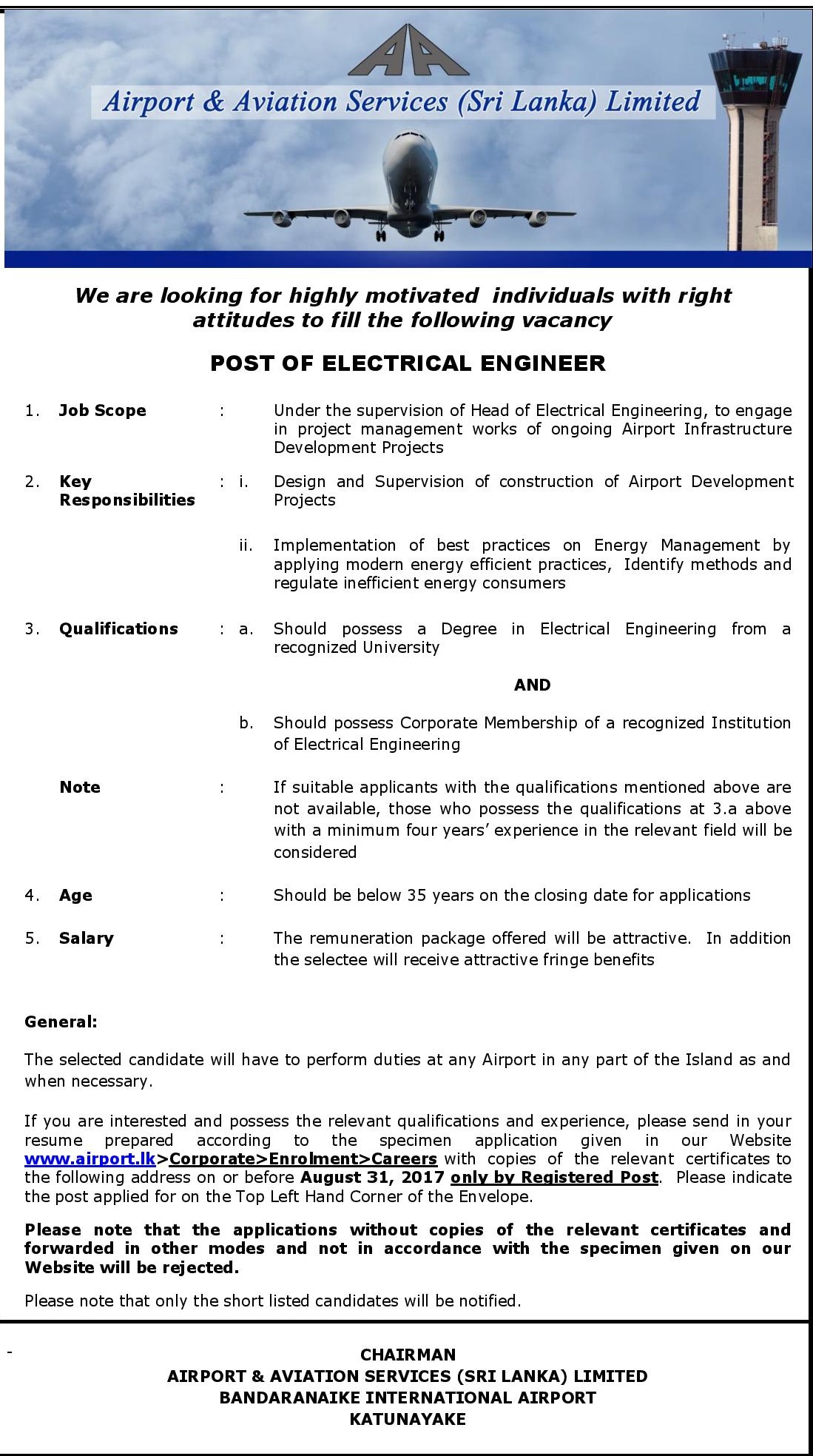 Electrical Engineer - Airport & Aviation Services (Sri Lanka) Ltd